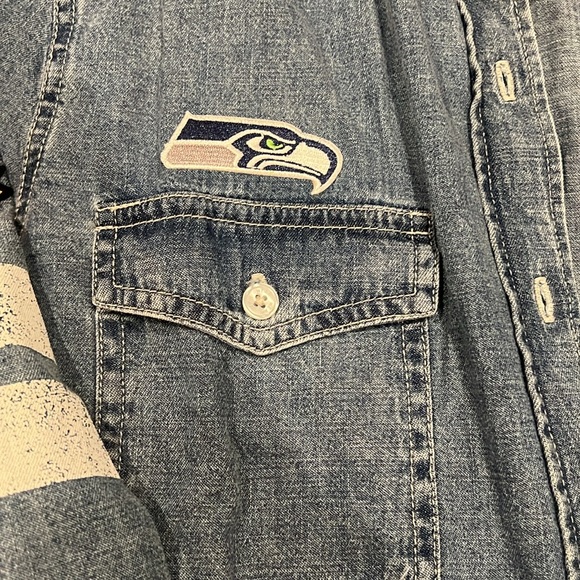 Women's WEAR By Erin Andrews Denim Seattle Seahawks Long Sleeve Button-Up Shirt - Picture 4 of 7